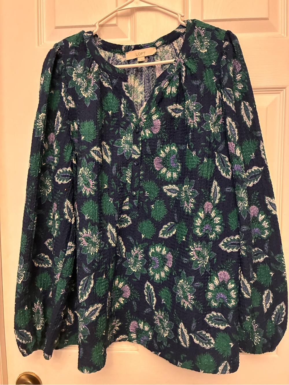 LOFT Navy Floral Button-Front Blouse with Green and Lavender Print